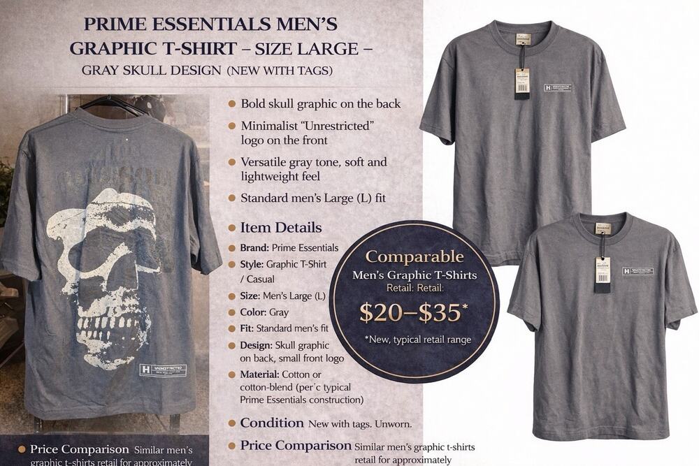 Prime Essentials Gray Skull Graphic Crew Neck Men's T-Shirt size Large